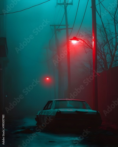 high-definition dark photograph of an eerie mysterious city alleyway scene with red accent. an abandoned old car. photo