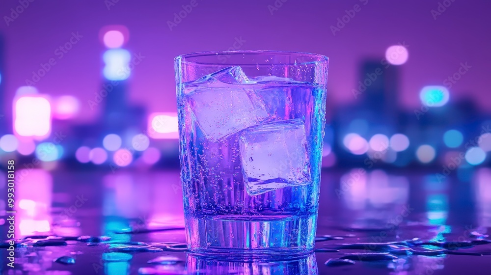 Futuristic digital cafe with glowing glass and ice-cold transparent drink Futuristic digital cafe with glowing glass and ice-cold transparent drink