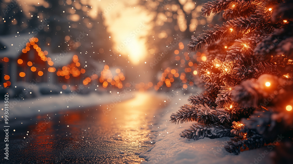 Naklejka premium Christmas village background. Christmas tree close up with blurred holiday lights, gifts and forest neighborhood backdrops