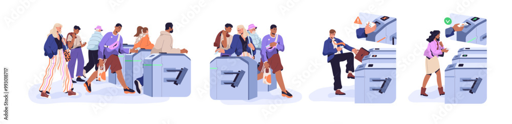 Turnstile entrances set. People pass tourniquet, barriers with cards of security access. Passengers enter, exit subway by control system. Flat isolated vector illustrations on white background Turnstile entrances set. People pass tourniquet, barriers with cards of security access. Passengers enter, exit subway by control system. Flat isolated vector illustrations on white background