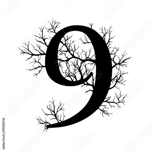 Number nine with tree branch design, Creative illustration of the number nine featuring intricate tree branches, symbolizing nature, growth, and organic design elements.
