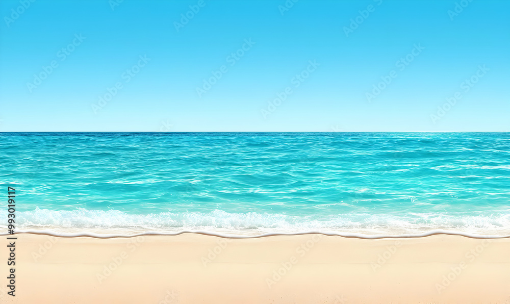 Obraz premium Vibrant summer beach paradise, azure skies, gentle waves lapping at golden sands, sunbathers enjoying the warmth, distant sailboats dotting the horizon
