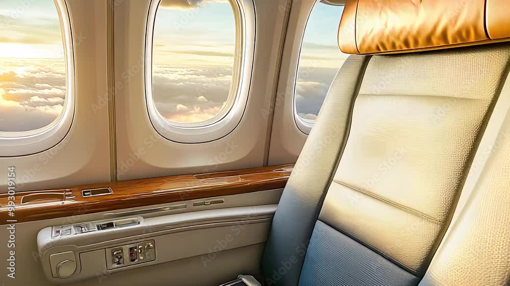 Luxury airplane seat with window view at sunset, elegant modern aircraft cabin interior, comfortable air travel experience. Luxury airplane seat with window view at sunset, elegant modern aircraft cabin interior, comfortable air travel experience.