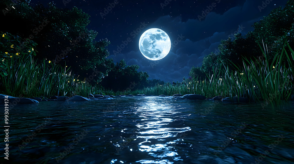 Serene Nightscape, tranquil evening ambiance, gentle rhythms of nature, soft moonlight casting shadows, a peaceful retreat for the soul