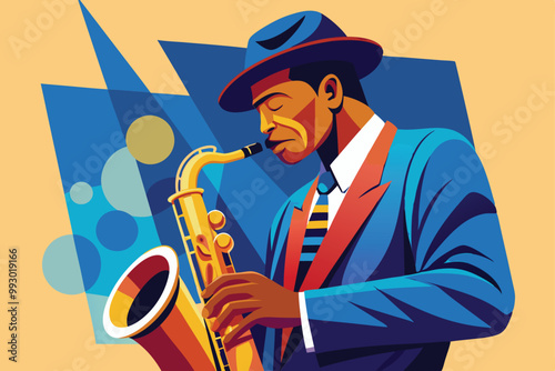 A jazz saxophonist captivates the audience with soulful tunes in a vibrant setting, Customizable semi-flat illustration of a jazz saxophonist.