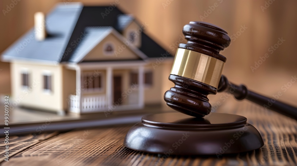 Real estate auction flyer with a gavel and house model in the background Real estate auction flyer with a gavel and house model in the background