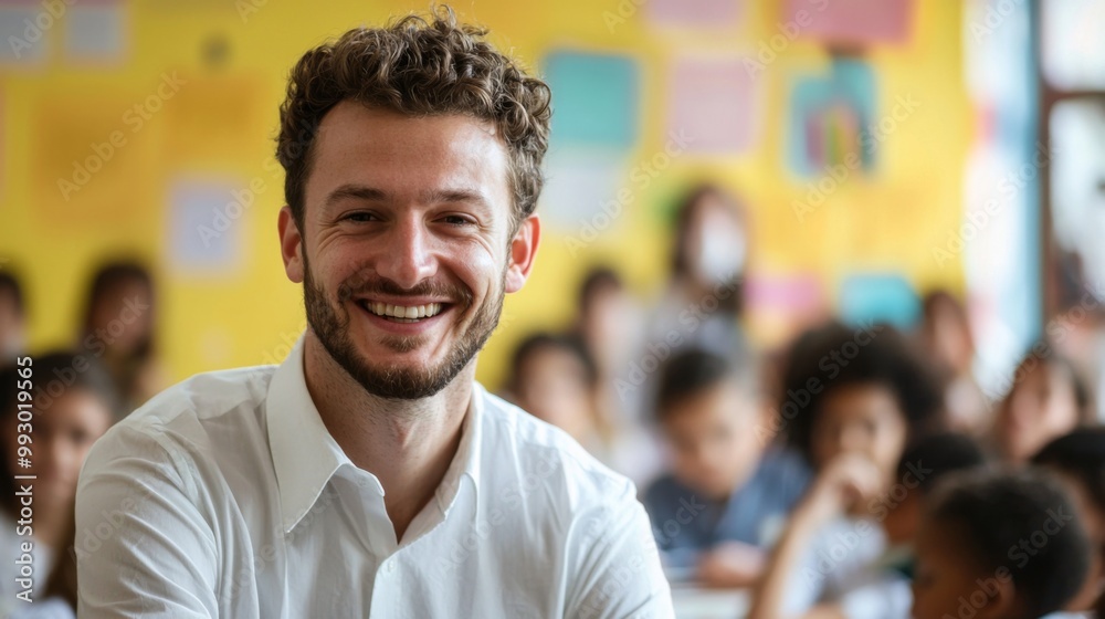Portrait of smiling male teacher in a class at elementary school looking at camera Portrait of smiling male teacher in a class at elementary school looking at camera