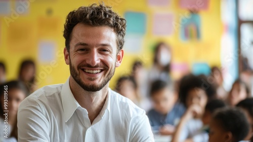 Portrait of smiling male teacher in a class at elementary school looking at camera