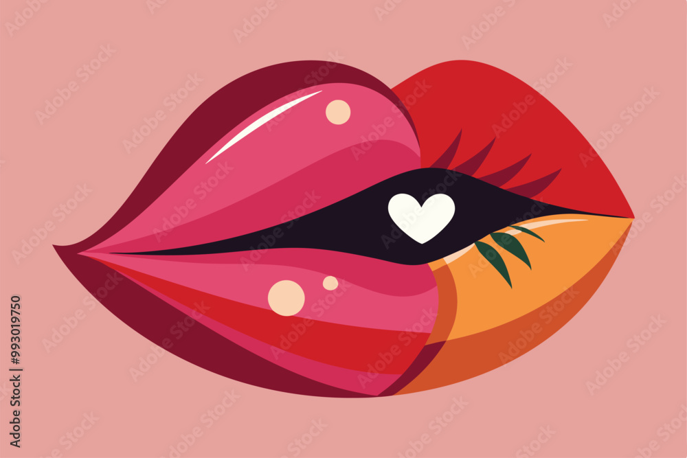 A vibrant and colorful illustration showcases a playful kiss with a heart between the lips, featuring bold colors, Customizable semi-flat illustration of a kiss. A vibrant and colorful illustration showcases a playful kiss with a heart between the lips, featuring bold colors, Customizable semi-flat illustration of a kiss.