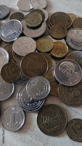 coins, set of coins kopecks Ukrainian coins on the table 