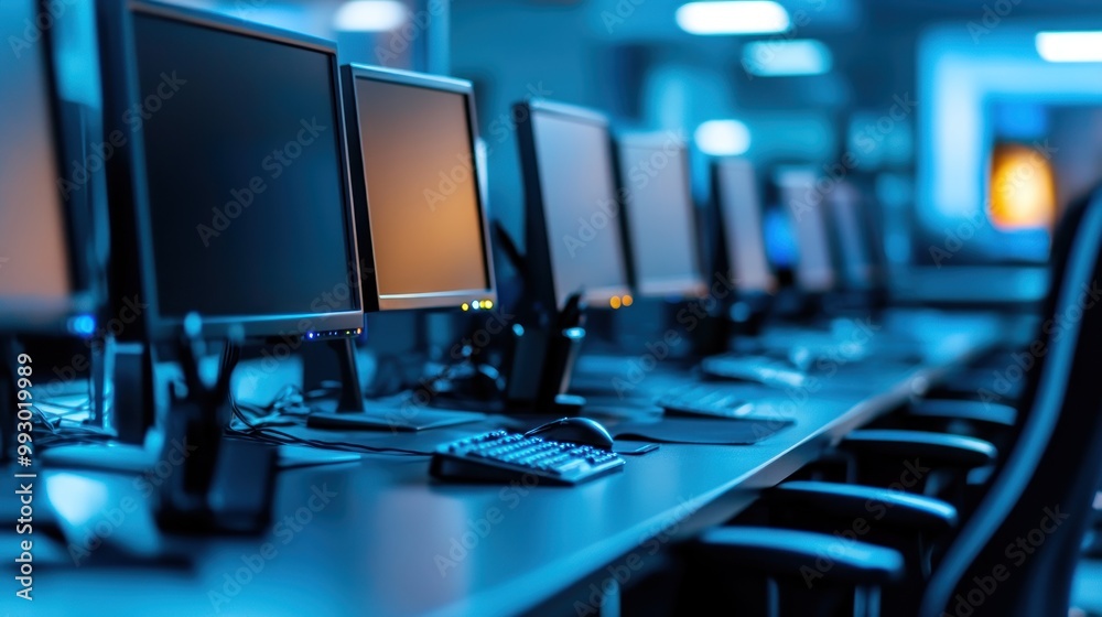A row of computer monitors in a dimly lit workspace, suggesting a tech-focused environment. A row of computer monitors in a dimly lit workspace, suggesting a tech-focused environment.
