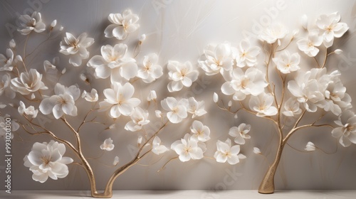 Fototapeta Naklejka Na Ścianę i Meble -  Luxurious 3d tree wallpaper featuring golden stems and white floral leaves for an elegant and serene home or office decor

