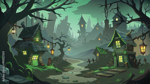 Print Desolate Village Cursed by Witches Halloween Background Vector with Eerie Atmosphere and Haunting Scenery