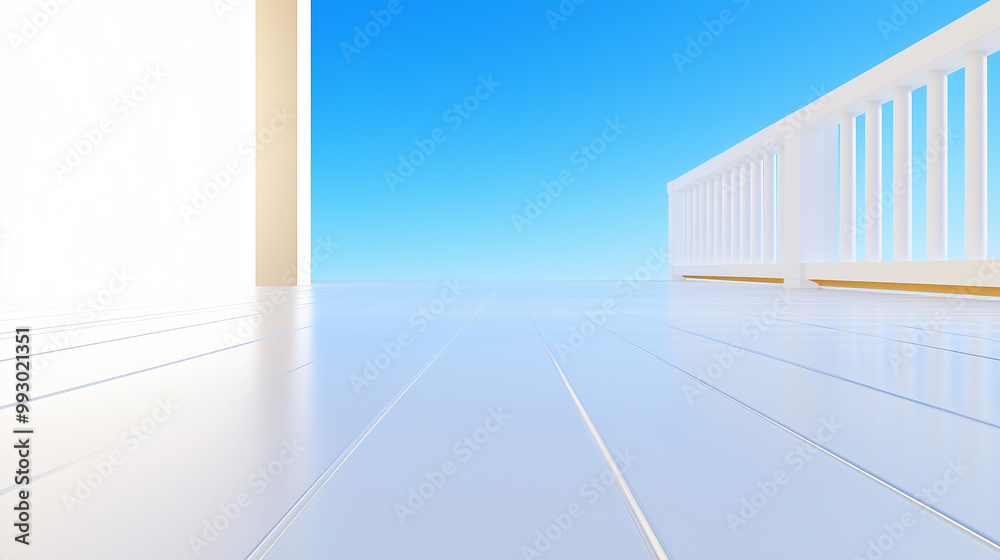 Obraz premium A serene outdoor space with a white wooden deck, a white railing, and a clear blue sky. 