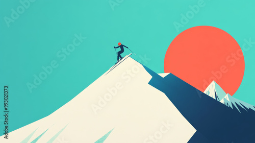 a skier skiing on top of a mountain, simple, siiloutte style, miniamlist wallpaper photo