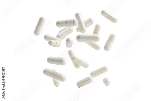 Plummeting capsules, pristine white setting, photo