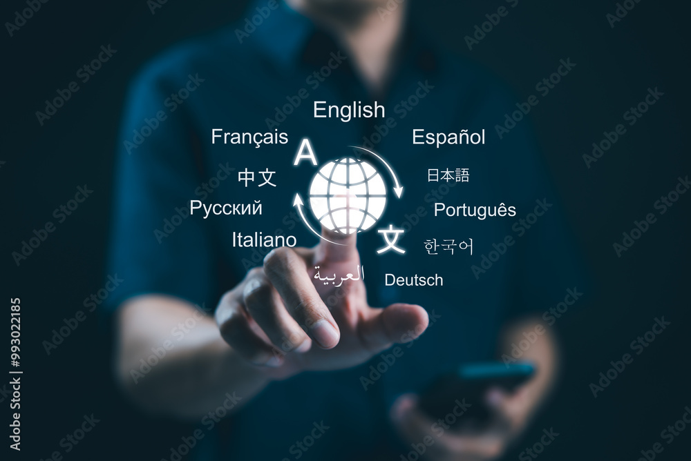 © Supatman - Multilingual Language Translation, Communication Concept. A person with icons various languages, global language translate, multilingual technology, and international connections. AI Translator, © Supatman - Multilingual Language Translation, Communication Concept. A person with icons various languages, global language translate, multilingual technology, and international connections. AI Translator,