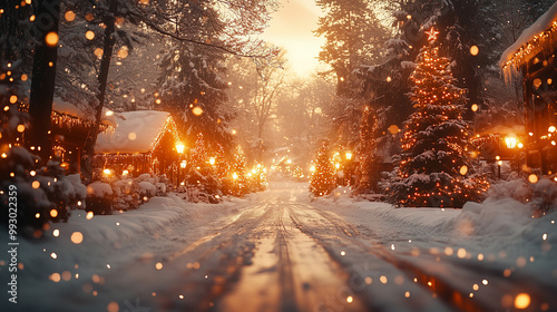 Christmas village background. Christmas tree close up with blurred holiday lights, gifts and forest neighborhood backdrops