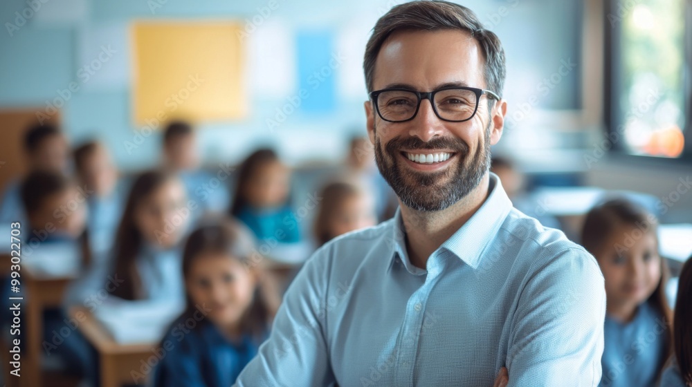 Obraz premium Portrait of smiling male teacher in a class at elementary school looking at camera