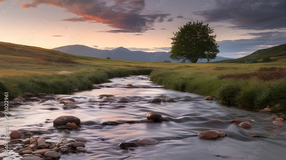 A serene landscape featuring a gently flowing river winding through lush green fields set against a backdrop of rolling hills. A serene landscape featuring a gently flowing river winding through lush green fields set against a backdrop of rolling hills.