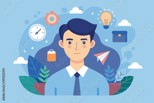 A psychologist is depicted in a calm workspace surrounded by motivational symbols and greenery, Customizable semi flat illustration of a psychologist.