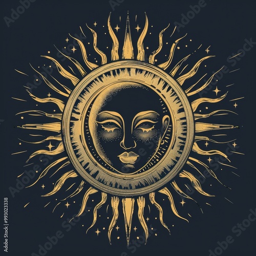 Sunrise Graphic. Bohemian Art Element with Magical Sun and Moon Design