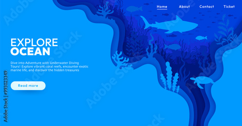 Landing page with paper cut underwater landscape. Vector web banner featuring a variety of marine life like shark, fish and turtle among coral reefs inviting adventure and exploration for diving tours