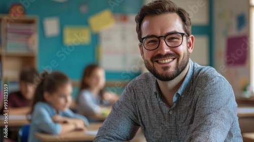 Portrait of smiling male teacher in a class at elementary school looking at camera