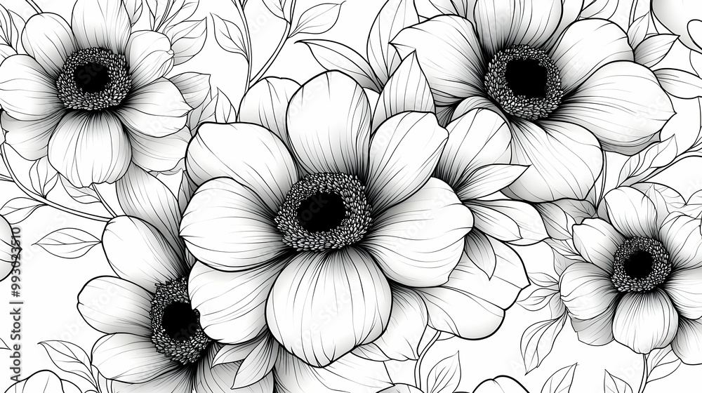 Fototapeta premium Minimalist Floral Elegance, a simple yet striking design featuring continuous line art of delicate flowers, embodying tranquility and modern aesthetics