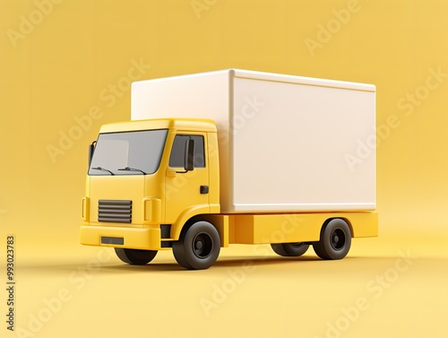 Side view of white delivery truck on yellow background. Delivery concept