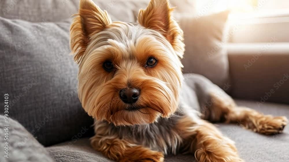 A relaxed Yorkshire Terrier rests comfortably on a soft couch in a sunlit living room during the afternoon A relaxed Yorkshire Terrier rests comfortably on a soft couch in a sunlit living room during the afternoon