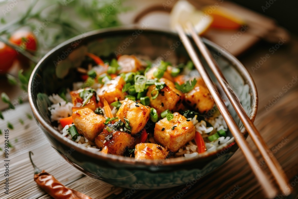 Vibrant Vegan Tofu Rice Bowl with Fresh Vegetables and Herbs Vibrant Vegan Tofu Rice Bowl with Fresh Vegetables and Herbs