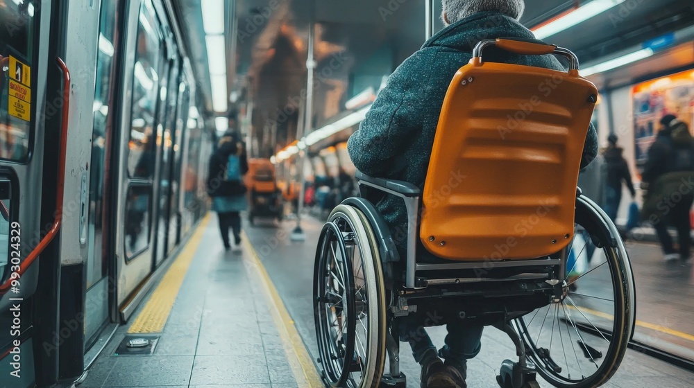 Obraz premium A person with a disability using an accessible public transportation service, highlighting ease of use