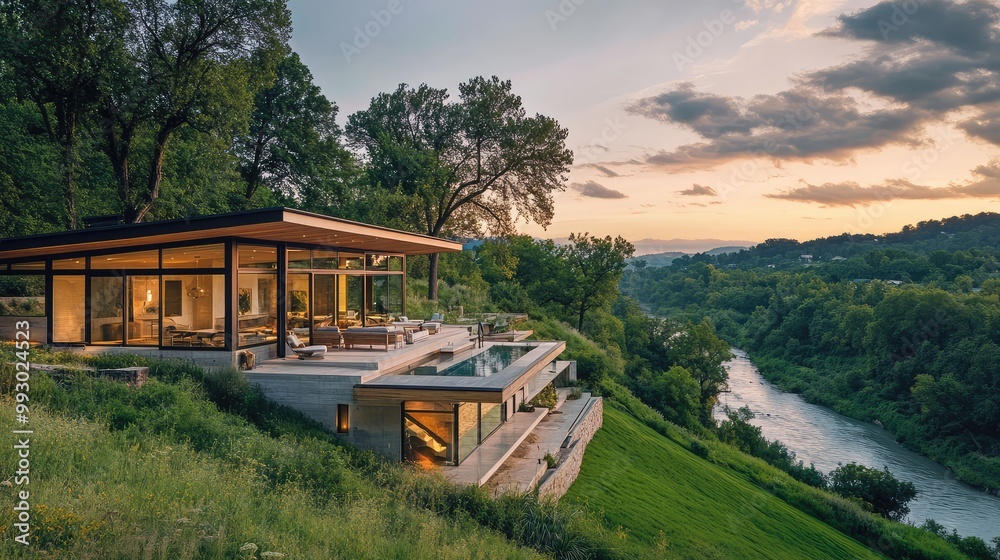 Sleek modern vacation home on a lush, green hillside overlooking a serene river valley Sleek modern vacation home on a lush, green hillside overlooking a serene river valley