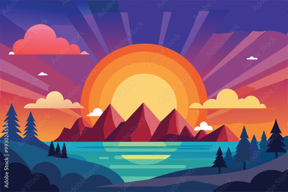 A bright sunrise illuminates a tranquil lake, surrounded by mountains and pine trees, Customizable semi-flat illustration of a sunrise. A bright sunrise illuminates a tranquil lake, surrounded by mountains and pine trees, Customizable semi-flat illustration of a sunrise.
