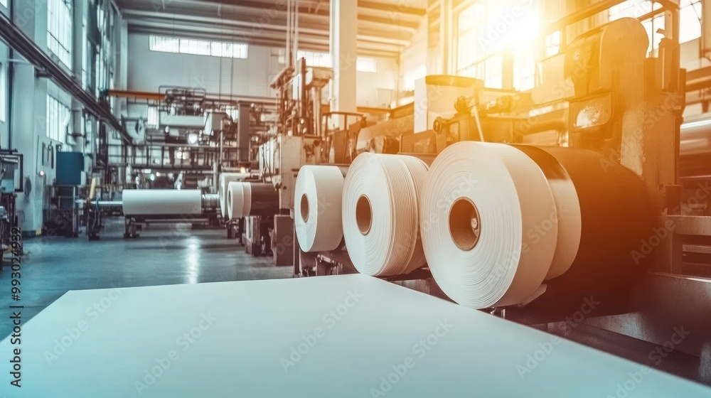 A paper manufacturing facility with large rolls of paper and machinery in operation. A paper manufacturing facility with large rolls of paper and machinery in operation.