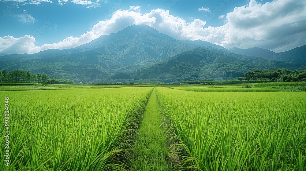Fototapeta premium A green rice field, with mountains in the distance and a blue sky in the background. Generative AI.