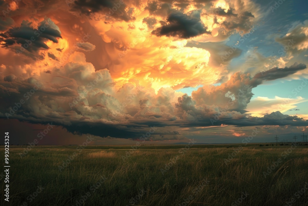 Fototapeta premium Thunderstorm Clouds. Dark Storm Clouds Covering Field at Sunset