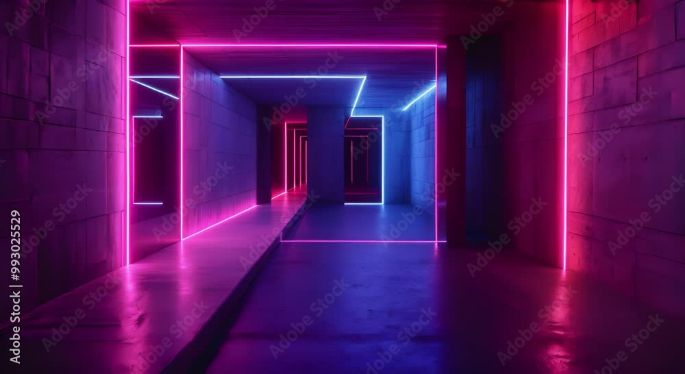 Neon Lights Illuminate a Concrete Corridor Neon Lights Illuminate a Concrete Corridor