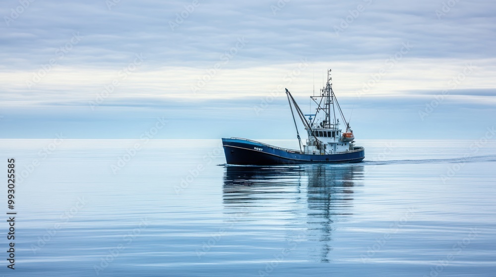 Obraz premium A fishing boat glides through calm waters under a serene sky.