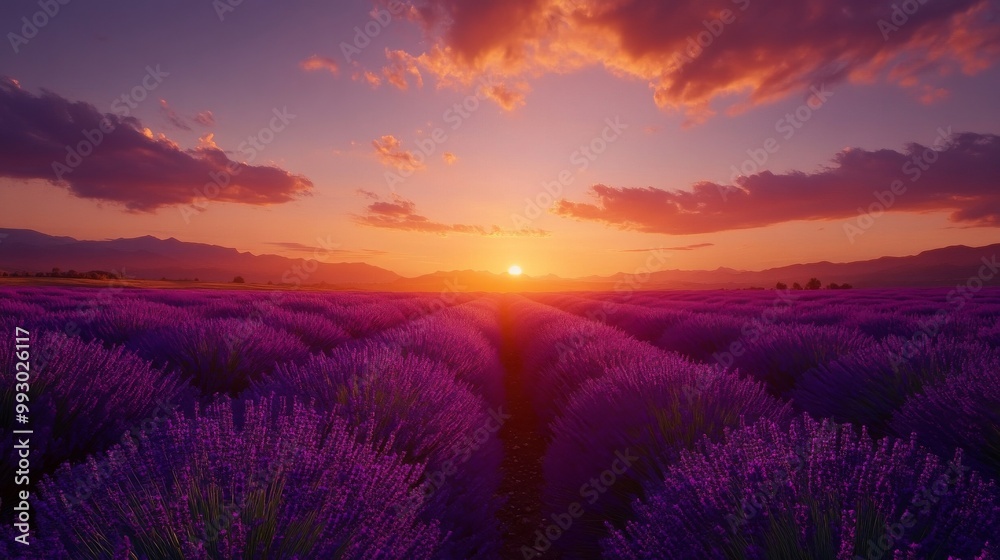 Sunset over a field of lavender, creating a beautiful scene. Sunset over a field of lavender, creating a beautiful scene.