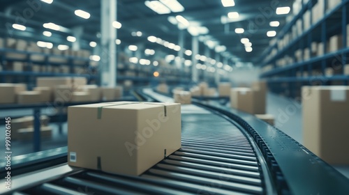 A conveyor belt transporting boxes in a warehouse setting.