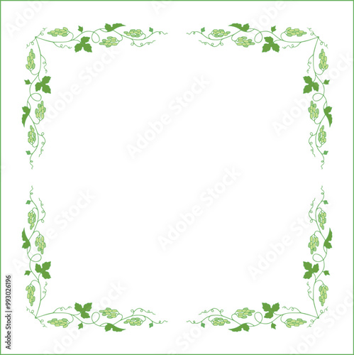 Vegetal frame with grapevine, bunches with green grape, decorative corners for greeting cards, banners, business cards, invitations, menus. Isolated vector illustration. 