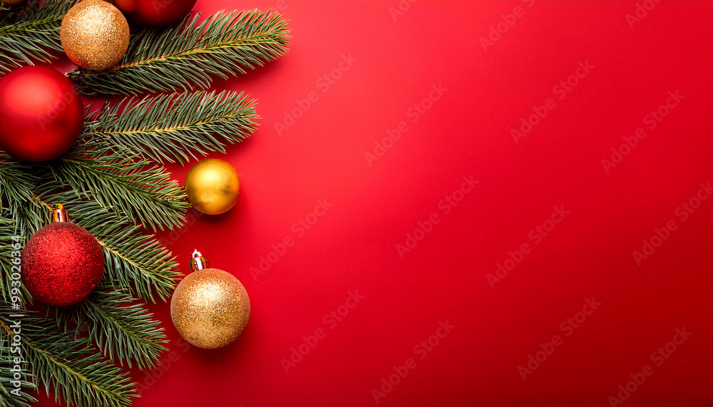 Christmas tree branch with red and gold baubles on red background Christmas tree branch with red and gold baubles on red background