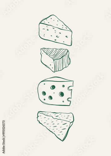 Graphic sketch of different cheeses. Wall Decor for kitchen, cafe and restaurant. 