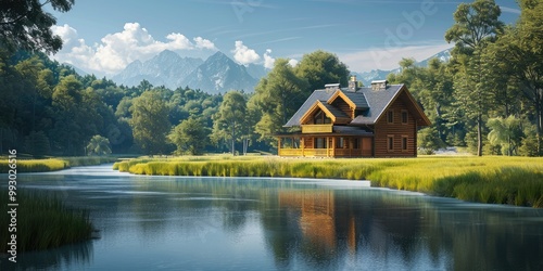 Beautiful traditional dark yellow wooden house with green lawn and clear river. Generative AI.