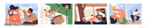 Street musicians set. Performers playing different music instruments outdoors. Artists perform on drum, guitar, trumpet in city. Children show with performance in town. Flat vector illustrations