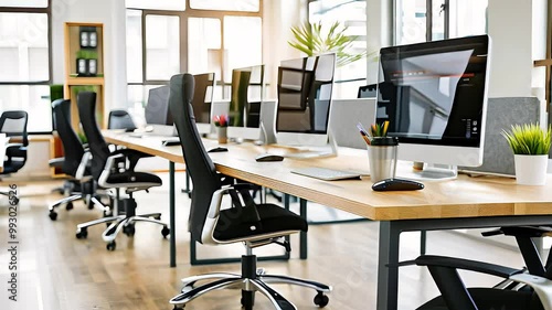 Modern open office workspace with sleek desks, ergonomic chairs, natural lighting, and contemporary design for productivity.