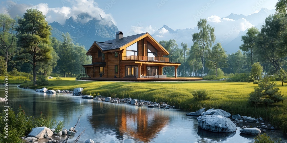 Fototapeta premium Beautiful traditional dark yellow wooden house with green lawn and clear river. Generative AI.