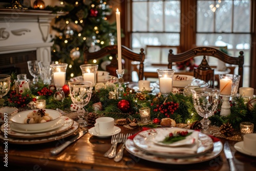 Elegant Christmas Dinner Table Setting with Candles and Festive Decor in Warm Lighting